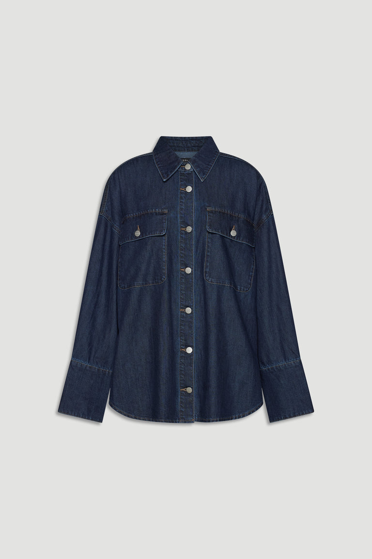 Dark indigo denim shirt with button front and chest flap pockets for a casual yet polished layering piece.