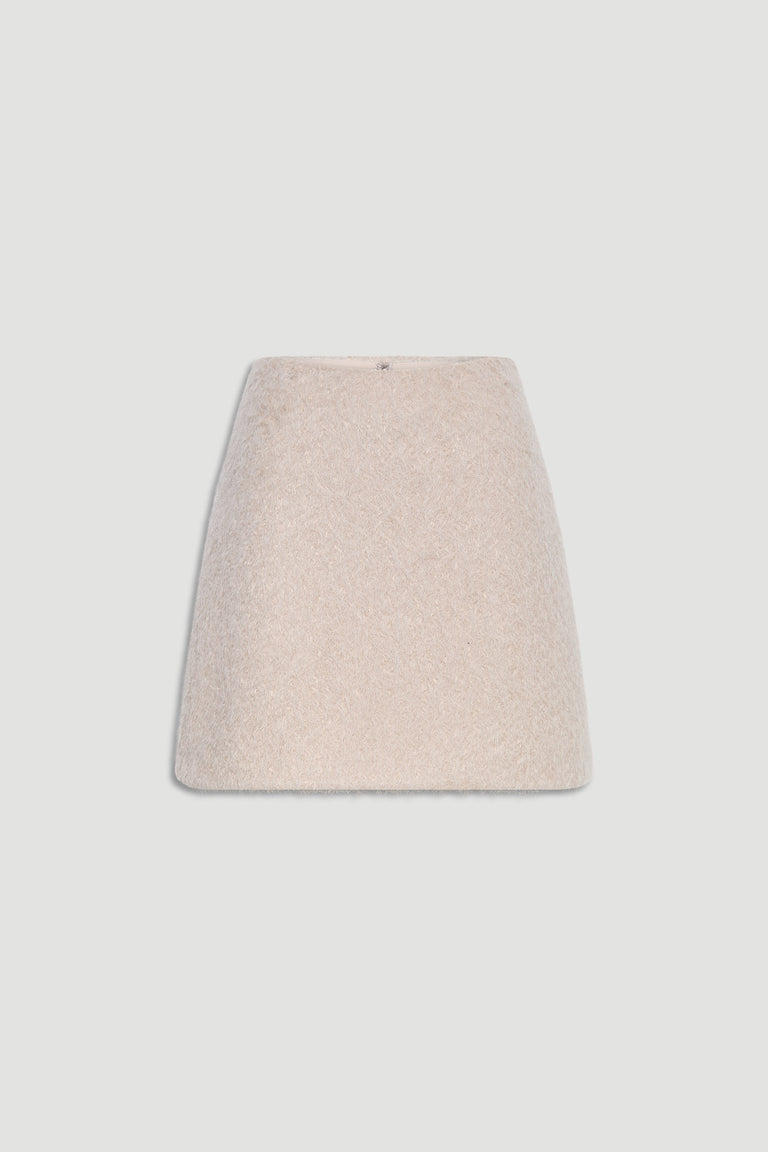 Soft stone-colored textured mini skirt with a subtle A-line silhouette for versatile everyday wear.