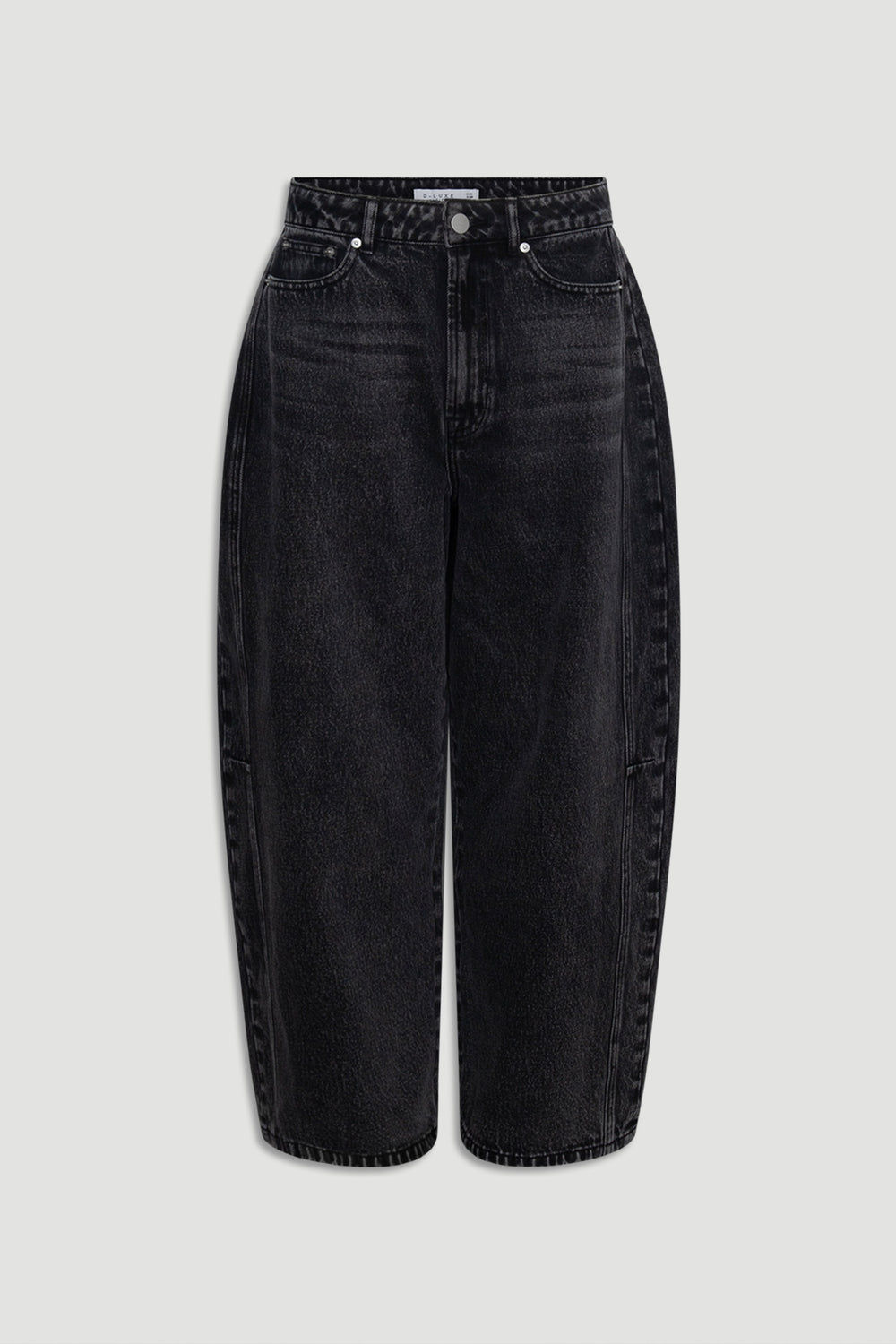 High-waisted black denim jeans with a relaxed barrel silhouette featuring classic five-pocket styling.