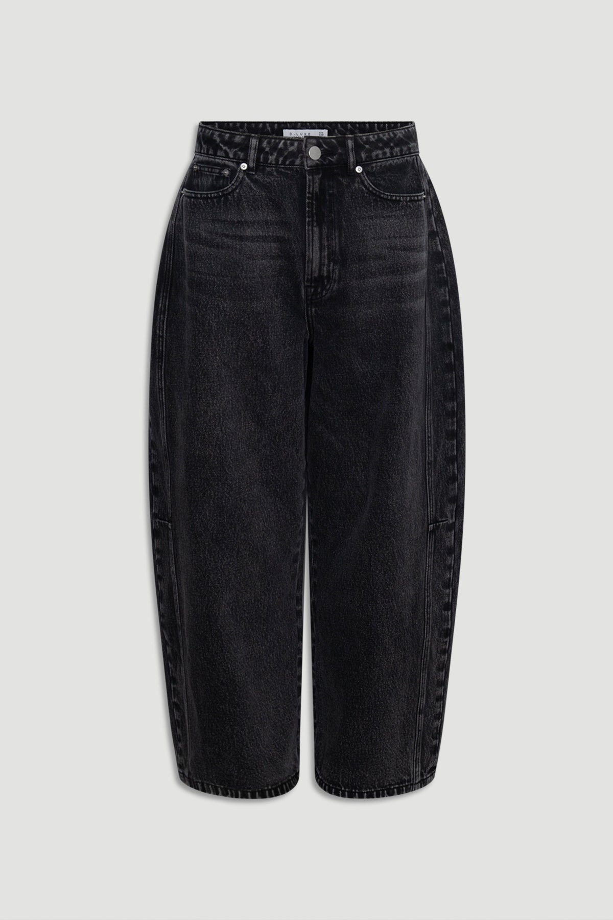 High-waisted black denim jeans with a relaxed barrel silhouette featuring classic five-pocket styling.