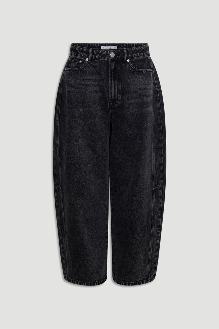 High-waisted black denim jeans with a relaxed barrel silhouette featuring classic five-pocket styling.