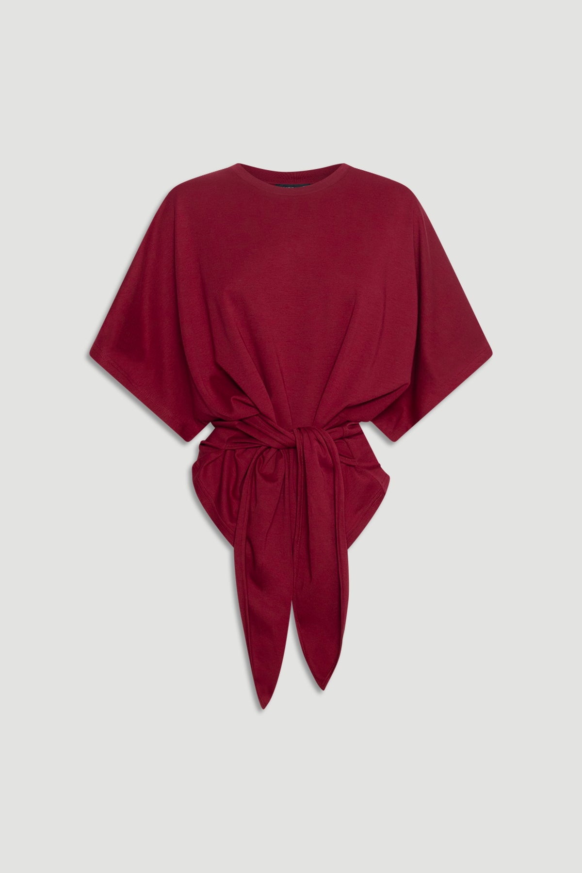 Soft knit deep red top with wide short sleeves and a front tie detail for a relaxed yet polished look