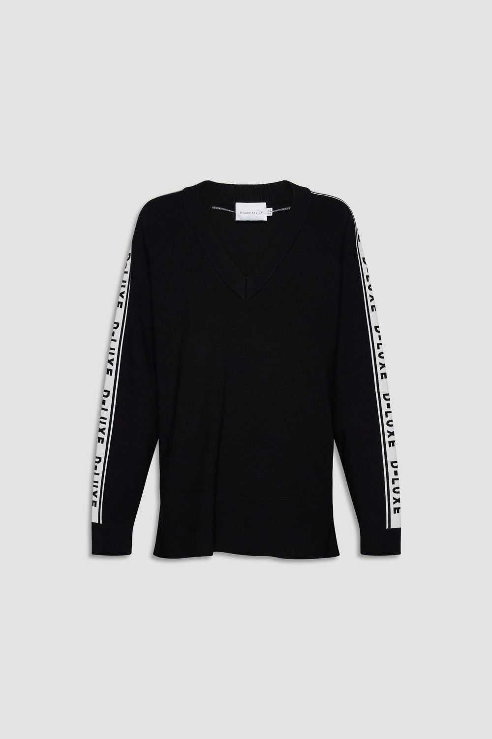 Black knit top with V-neck and white logo panels running down the length of both sleeves for sporty style.