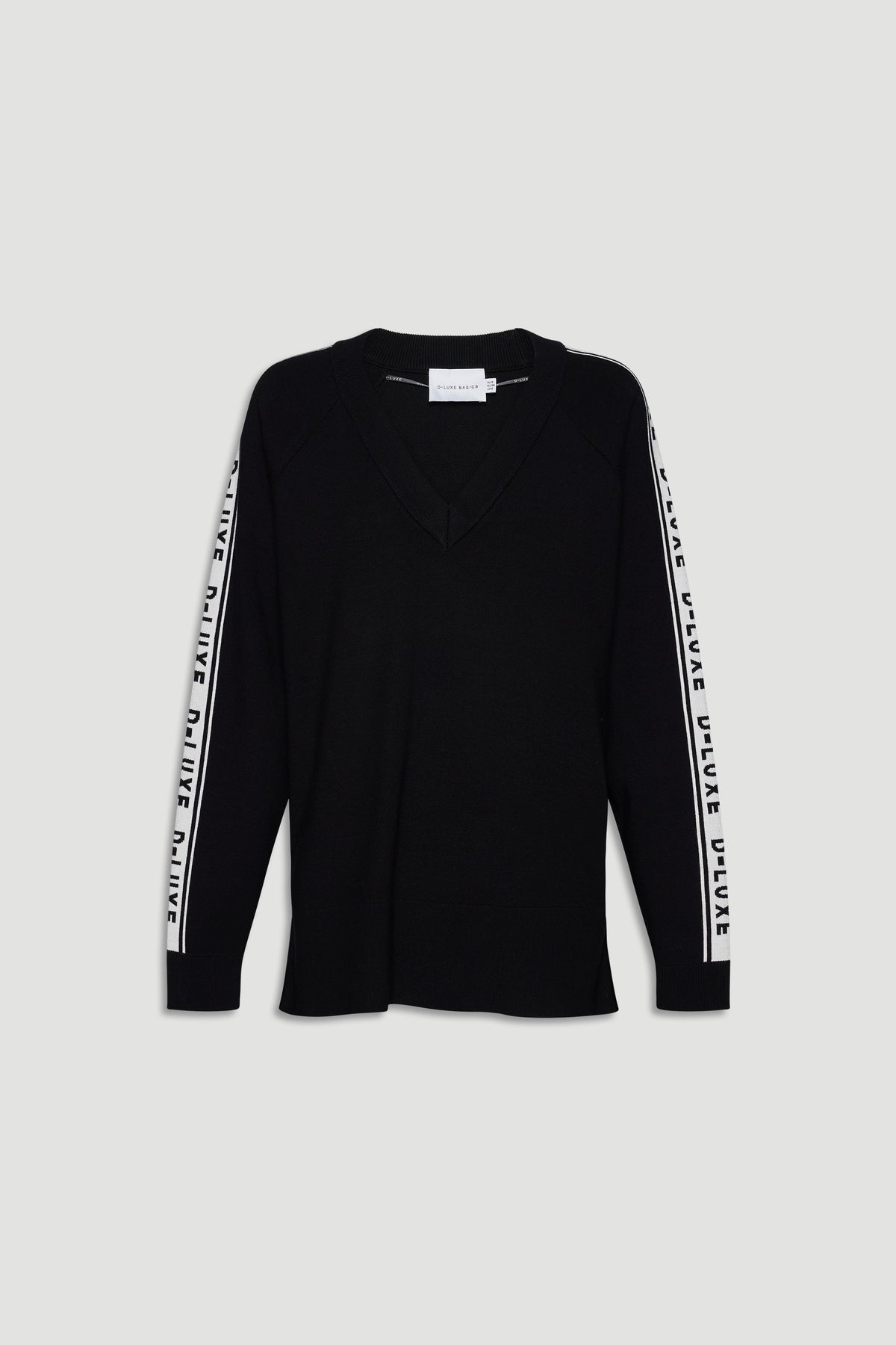 Black knit top with V-neck and white logo panels running down the length of both sleeves for sporty style.