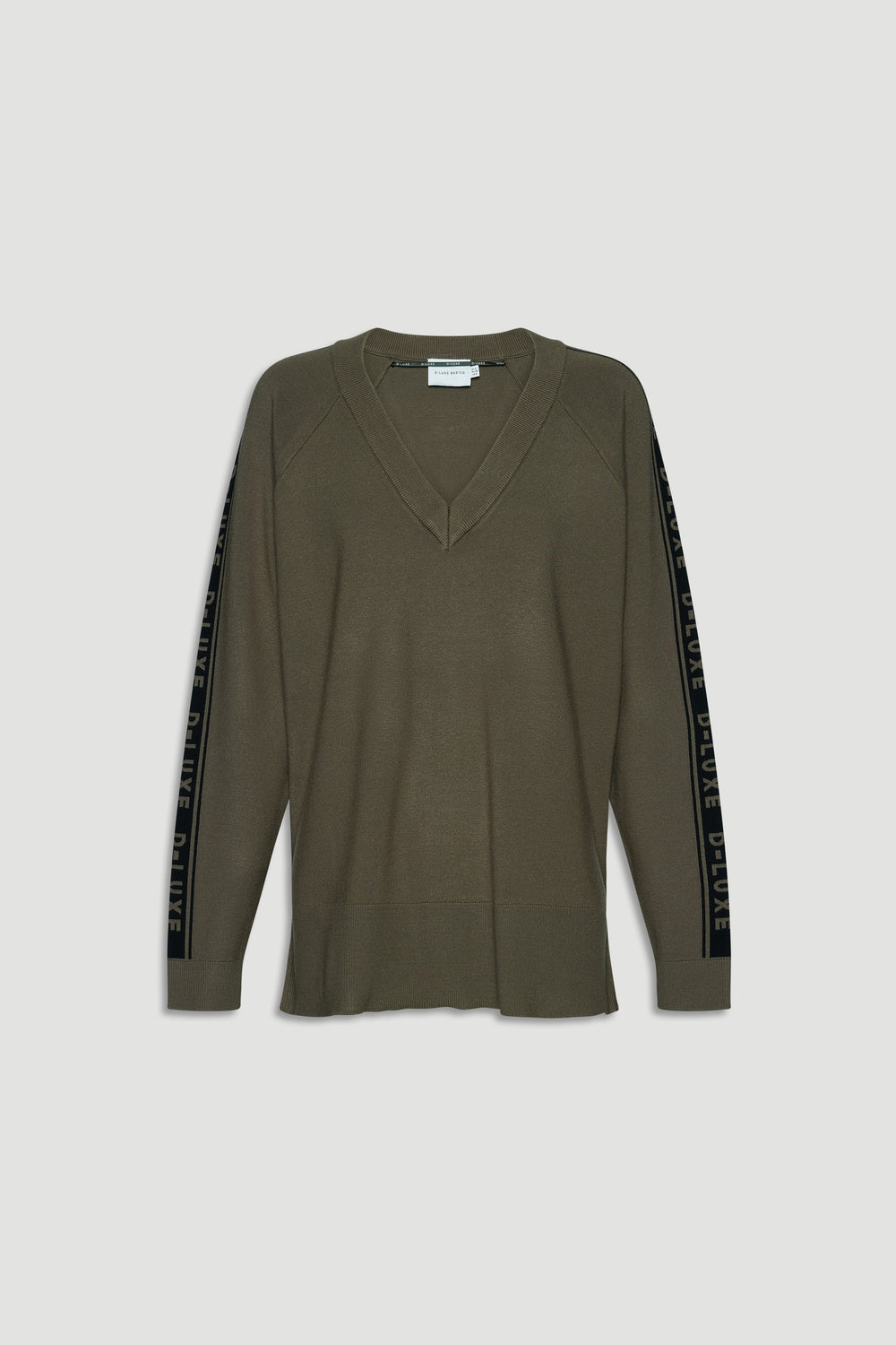 Olive green knit top with deep V-neck and branded panel detail running along the sleeves for sporty style.