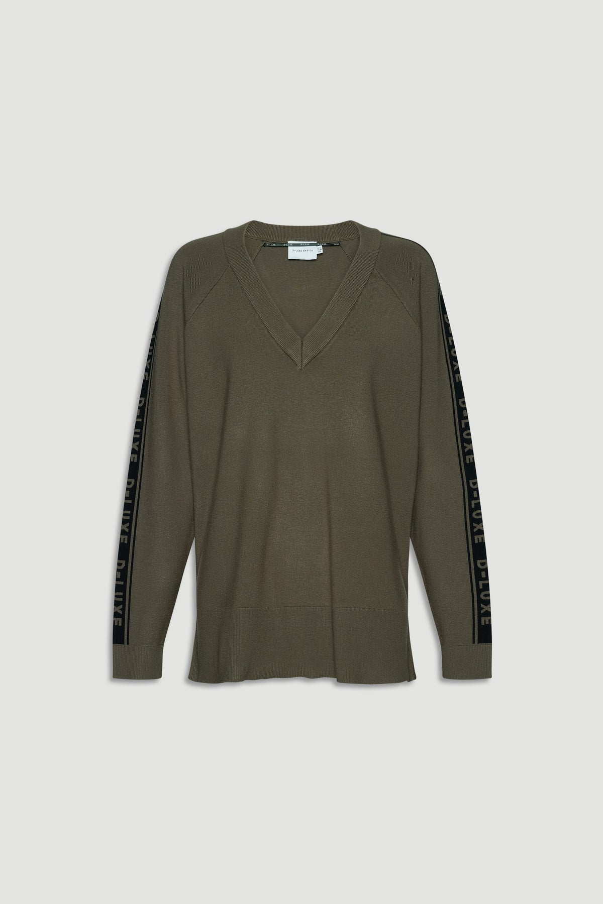 Olive green knit top with deep V-neck and branded panel detail running along the sleeves for sporty style.