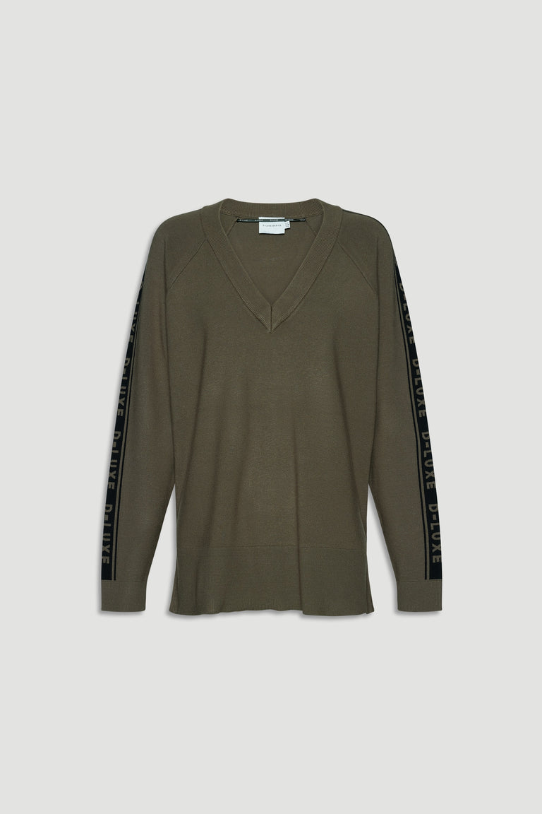 Olive green knit top with deep V-neck and branded panel detail running along the sleeves for sporty style.