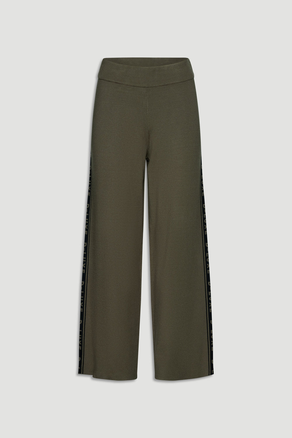 Olive green wide-leg knit pants with a high waistband and black logo panels running down the sides