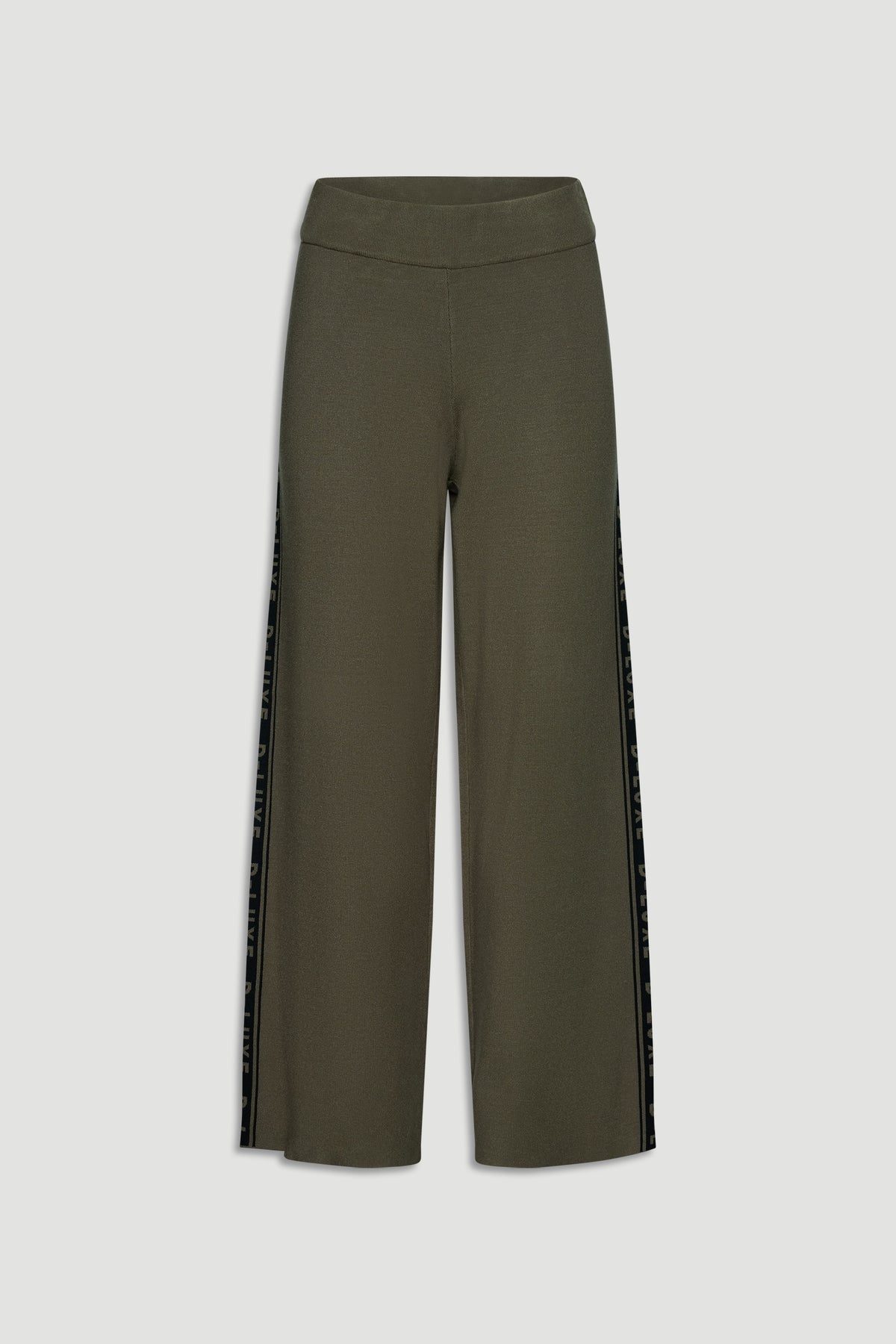 Olive green wide-leg knit pants with a high waistband and black logo panels running down the sides