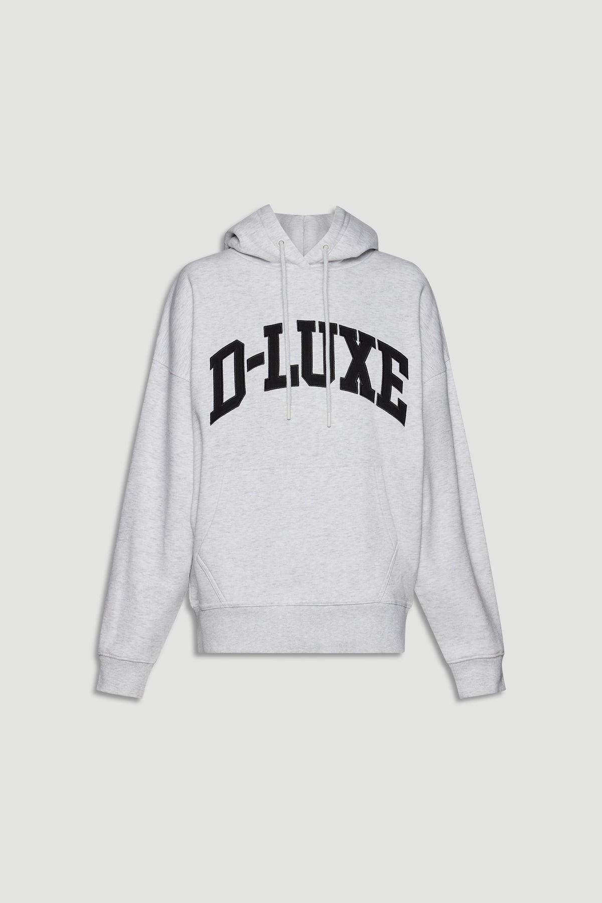 Light grey hoodie with kangaroo pocket and bold black lettering in a relaxed fit, featuring adjustable drawstrings.