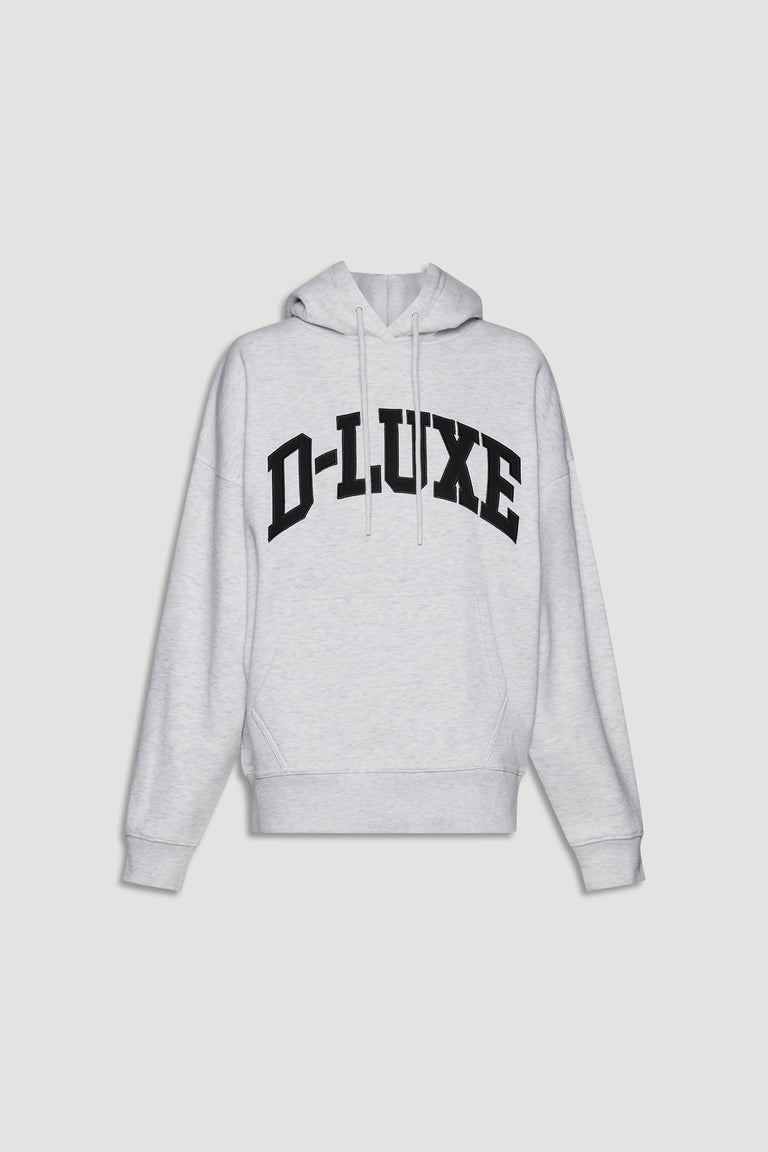 Light grey hoodie with kangaroo pocket and bold black lettering in a relaxed fit, featuring adjustable drawstrings.