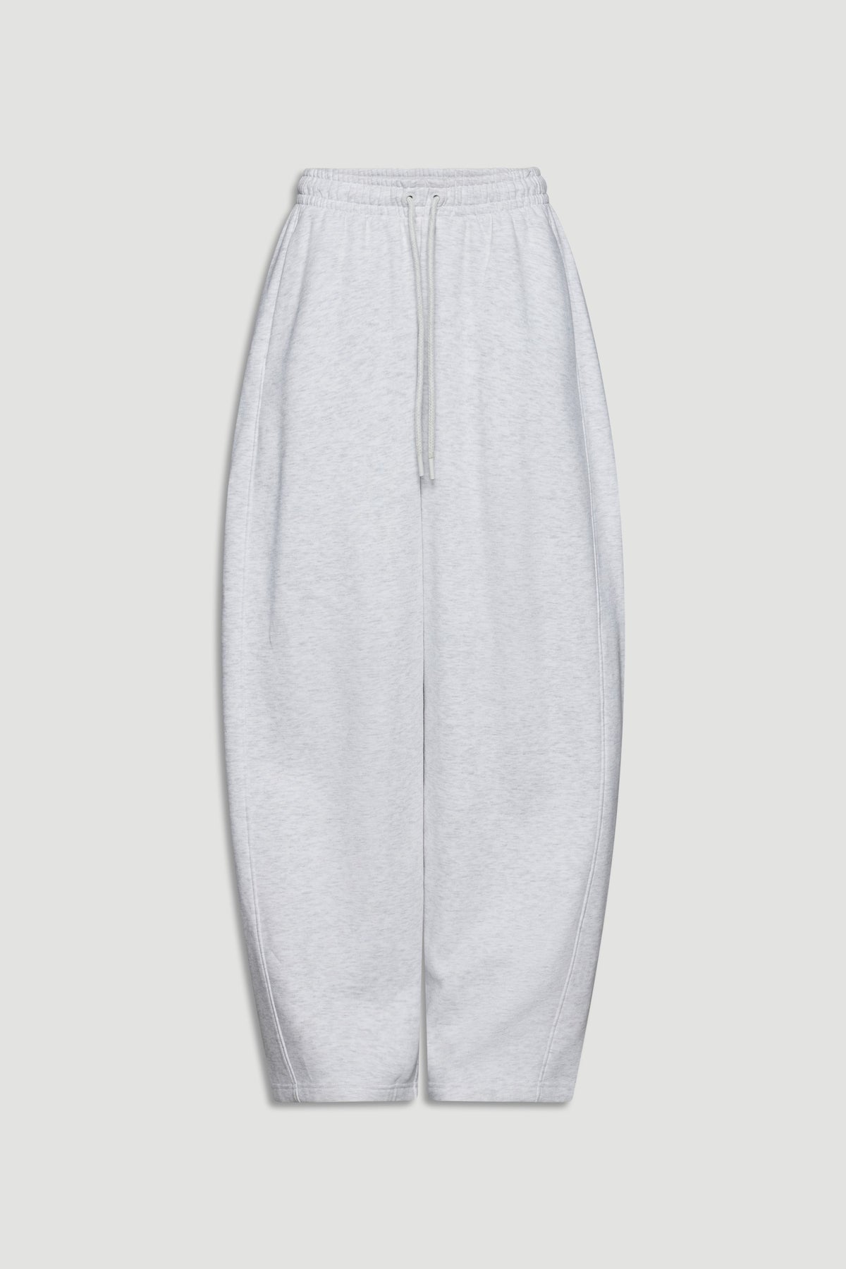 Light grey relaxed-fit track pants with an elastic waistband and drawstring for casual, comfortable wear.