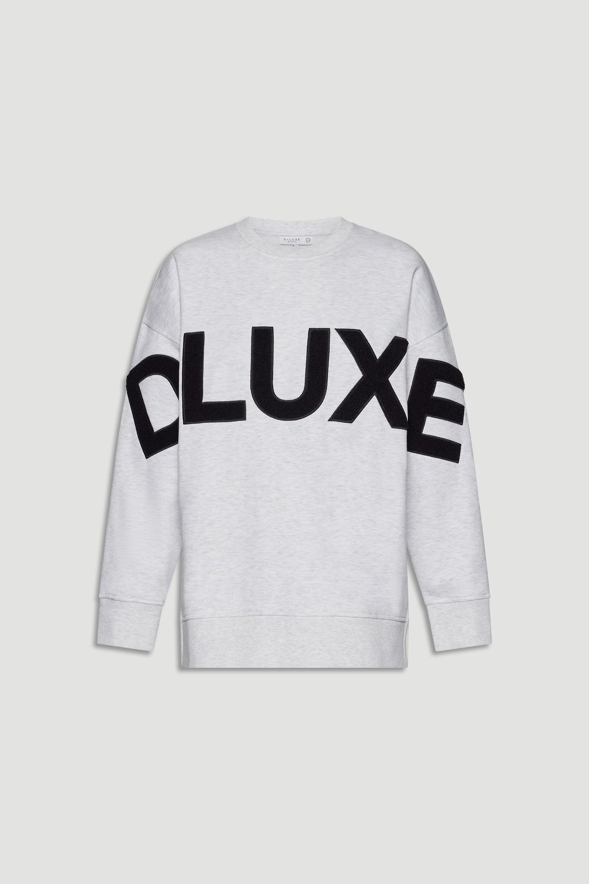 Light grey long-sleeve sweatshirt featuring bold black boucle letters across the chest for a casual, stylish look