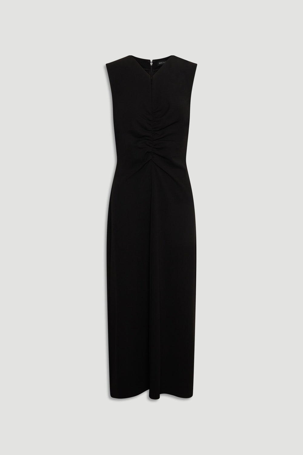 Sleek black midi dress with ruched detailing at the front, featuring a sleeveless, streamlined silhouette.
