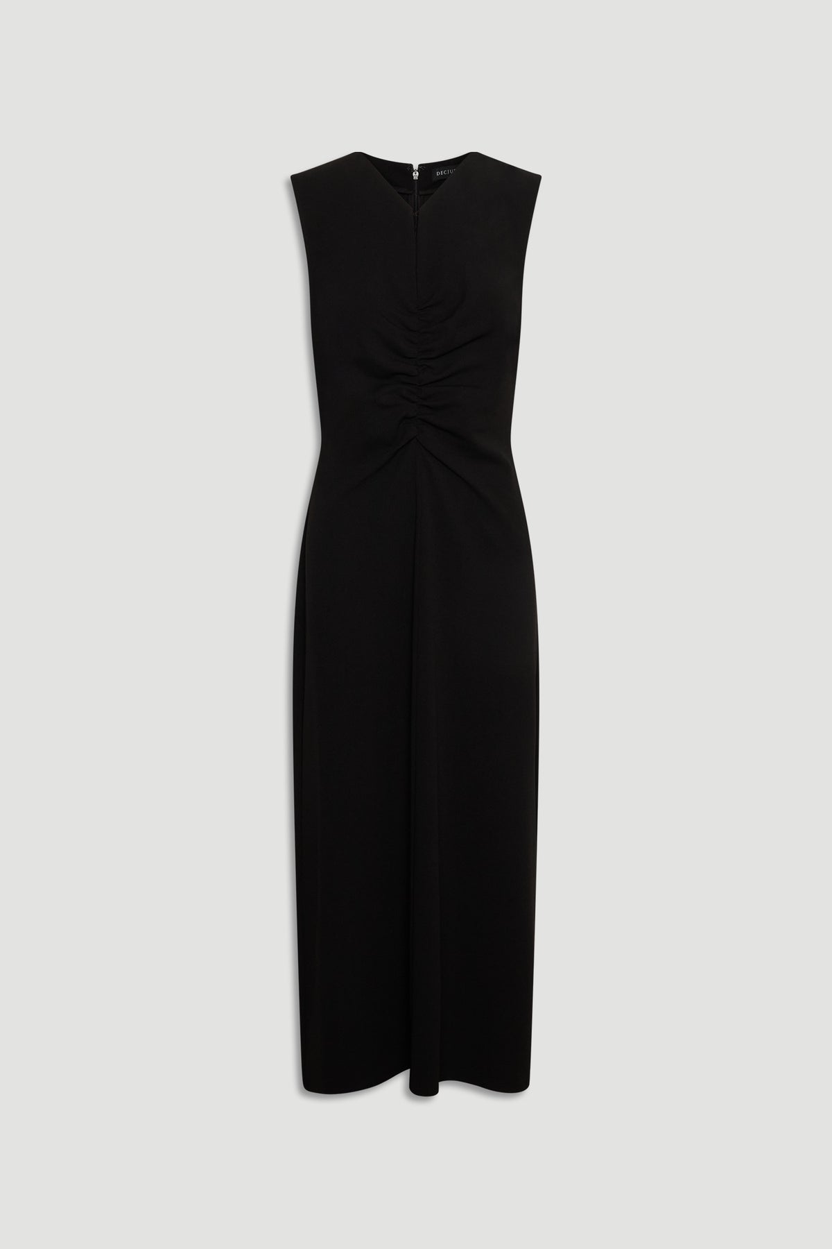 Sleek black midi dress with ruched detailing at the front, featuring a sleeveless, streamlined silhouette.