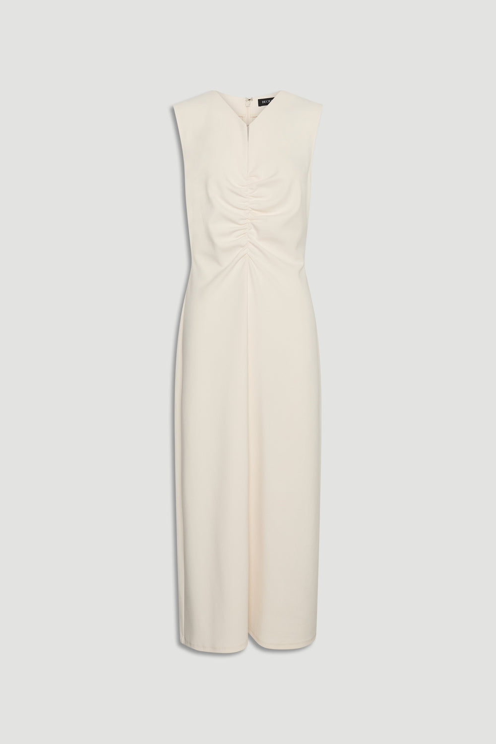 Sleeveless off-white midi dress featuring a ruched front detail and subtle V-neckline with a tailored fit