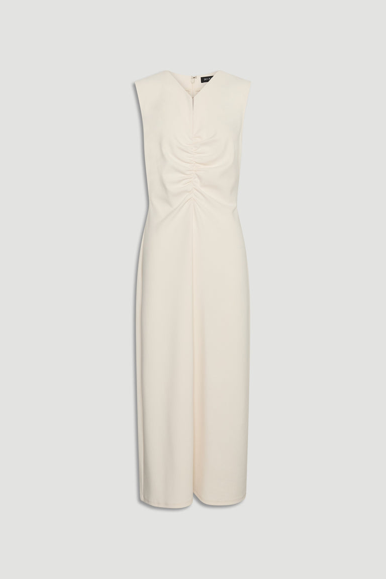 Sleeveless off-white midi dress featuring a ruched front detail and subtle V-neckline with a tailored fit