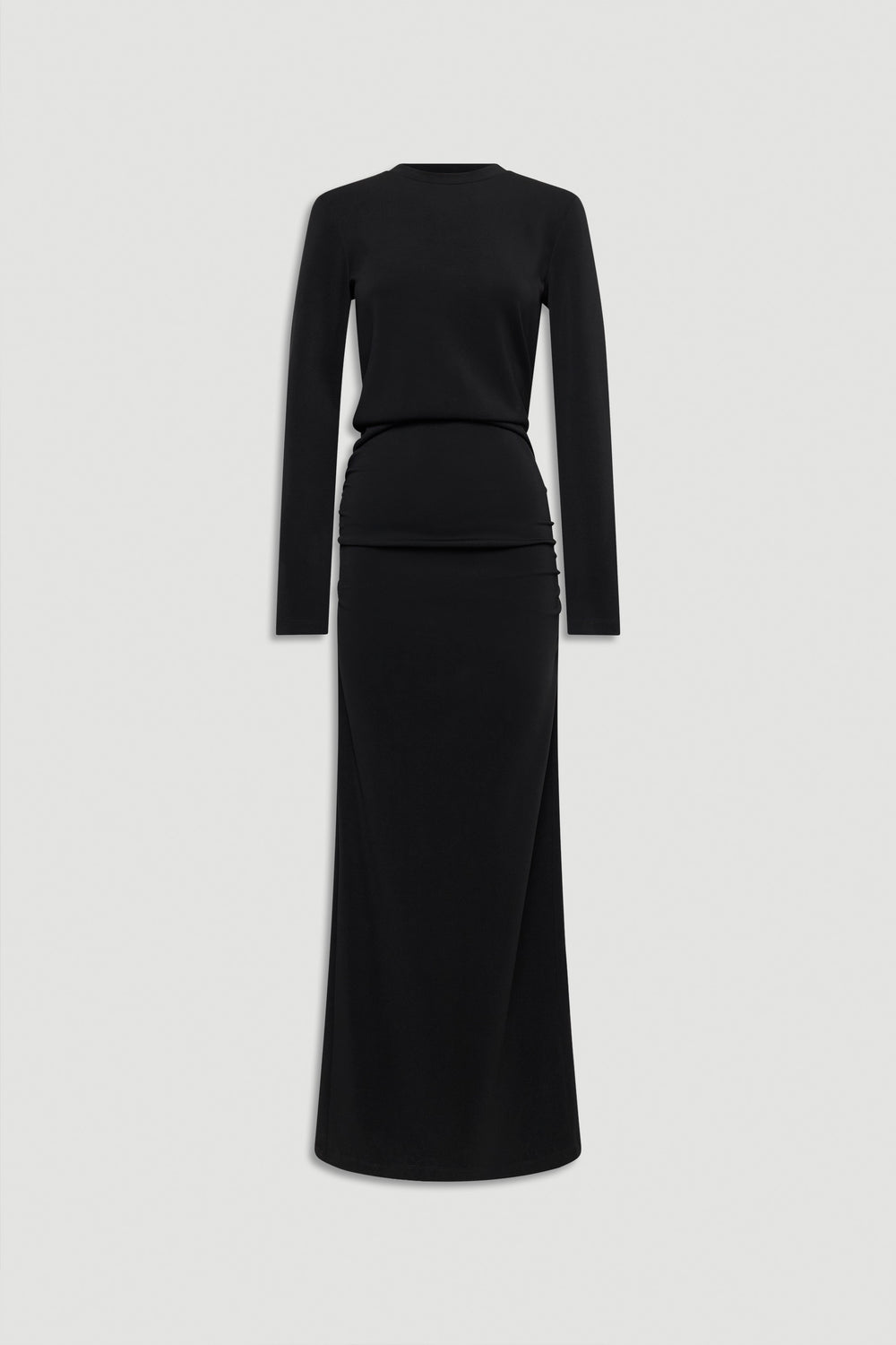 Black fitted long-sleeve midi dress featuring subtle ruching at the waist for an elegant, streamlined silhouette