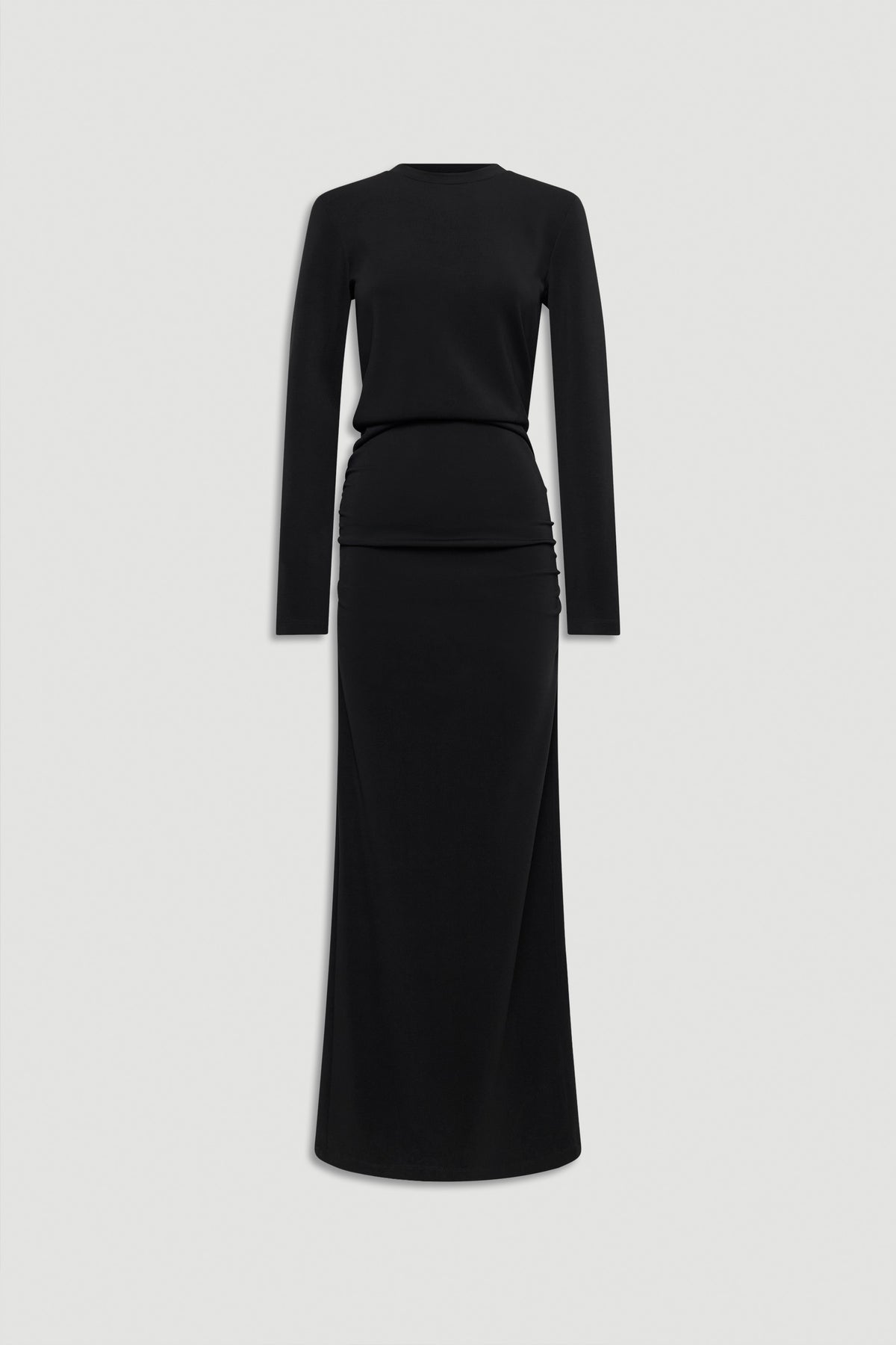 Black fitted long-sleeve midi dress featuring subtle ruching at the waist for an elegant, streamlined silhouette
