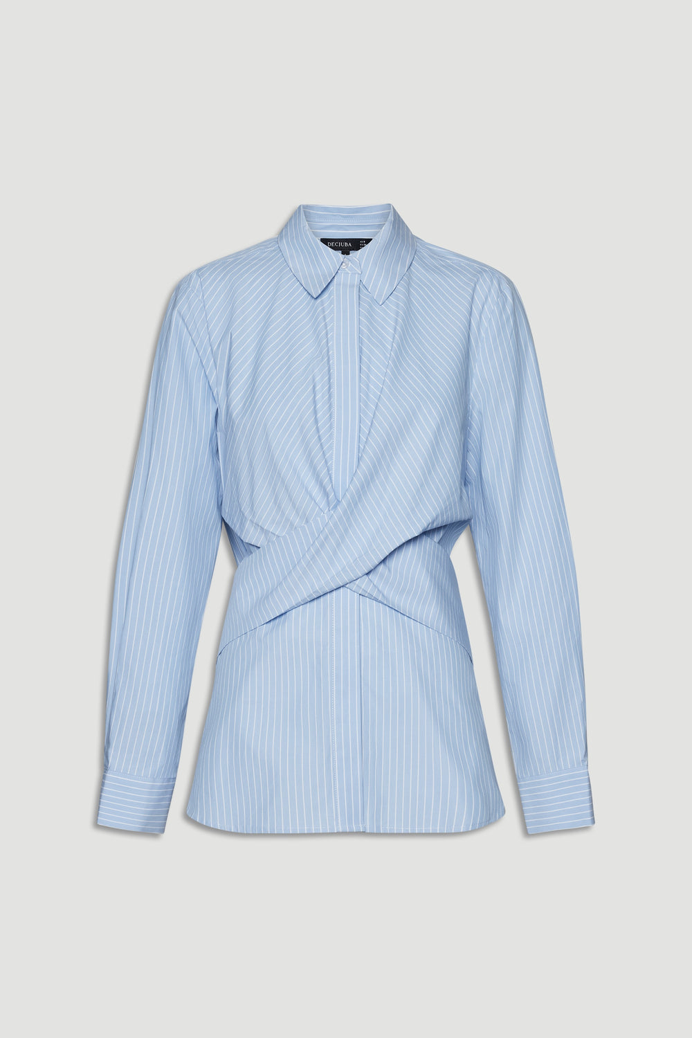 Light blue pinstriped shirt with long sleeves and a unique twisted waist detail for a modern, polished look