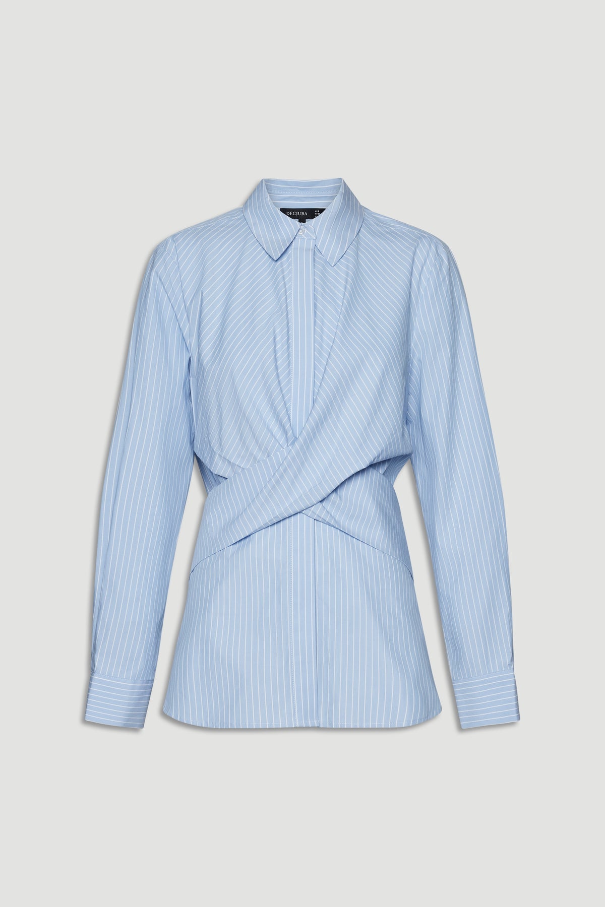 Light blue pinstriped shirt with long sleeves and a unique twisted waist detail for a modern, polished look