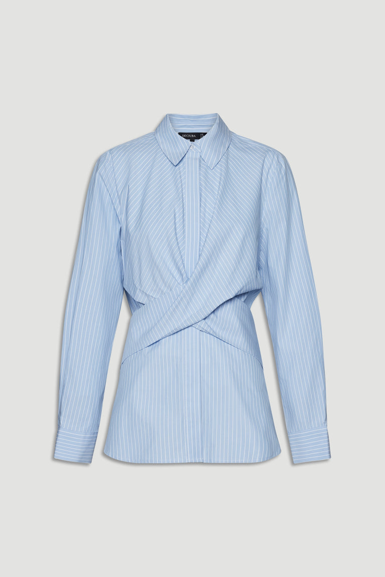 Light blue pinstriped shirt with long sleeves and a unique twisted waist detail for a modern, polished look
