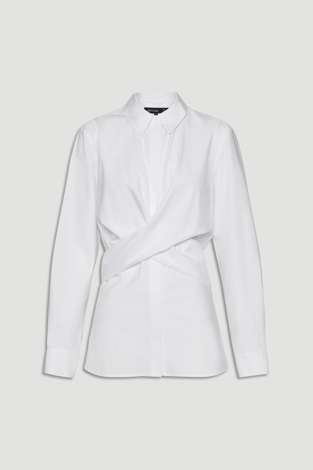 White long-sleeve shirt with a pointed collar and stylish front wrap detail for a modern, polished look