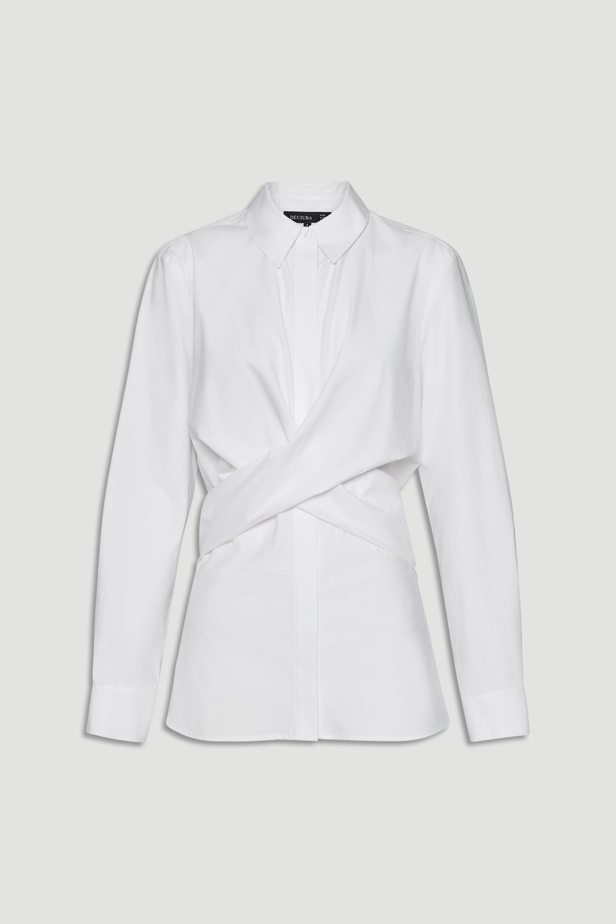 White long-sleeve shirt with a pointed collar and stylish front wrap detail for a modern, polished look