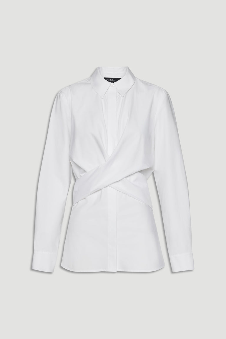 White long-sleeve shirt with a pointed collar and stylish front wrap detail for a modern, polished look
