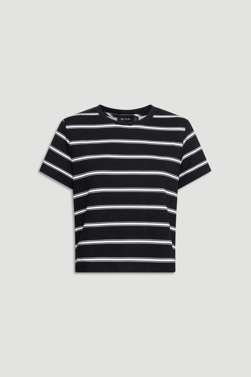 Black and ivory striped short sleeve mini tee with a relaxed fit and classic crew neckline for everyday wear
