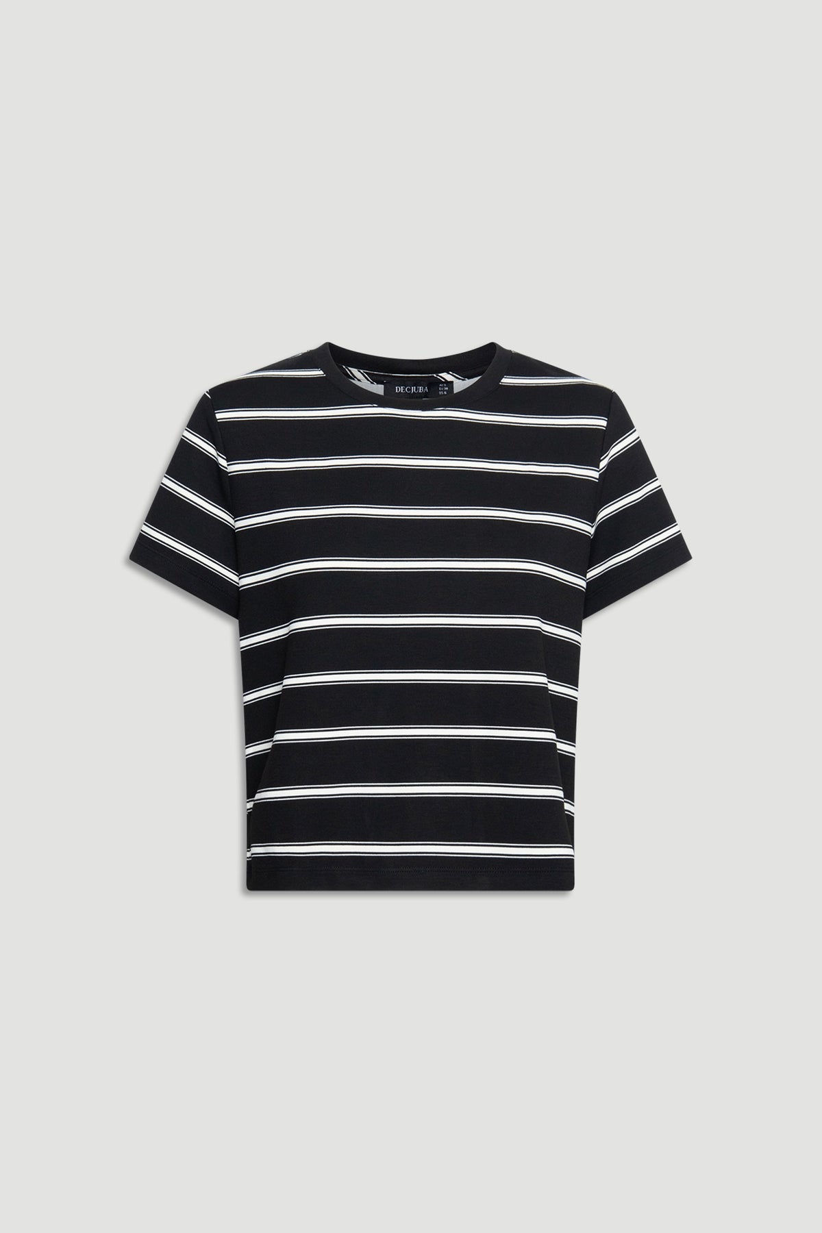 Black and ivory striped short sleeve mini tee with a relaxed fit and classic crew neckline for everyday wear