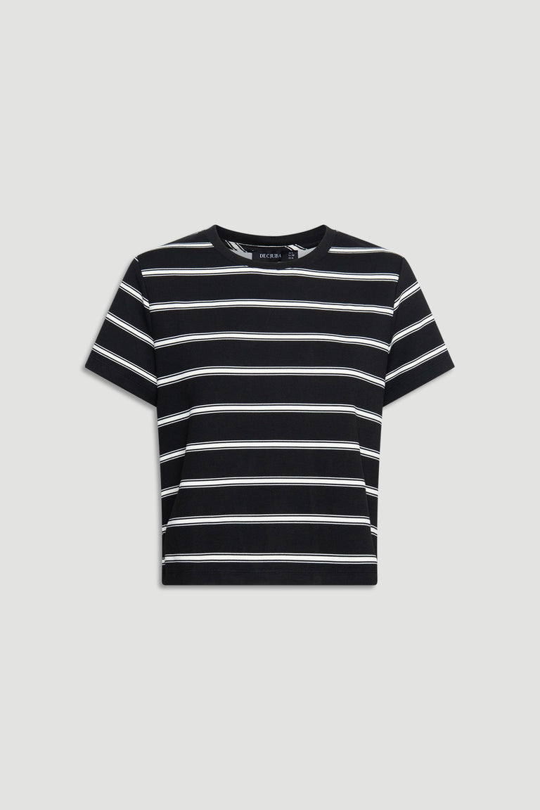 Black and ivory striped short sleeve mini tee with a relaxed fit and classic crew neckline for everyday wear