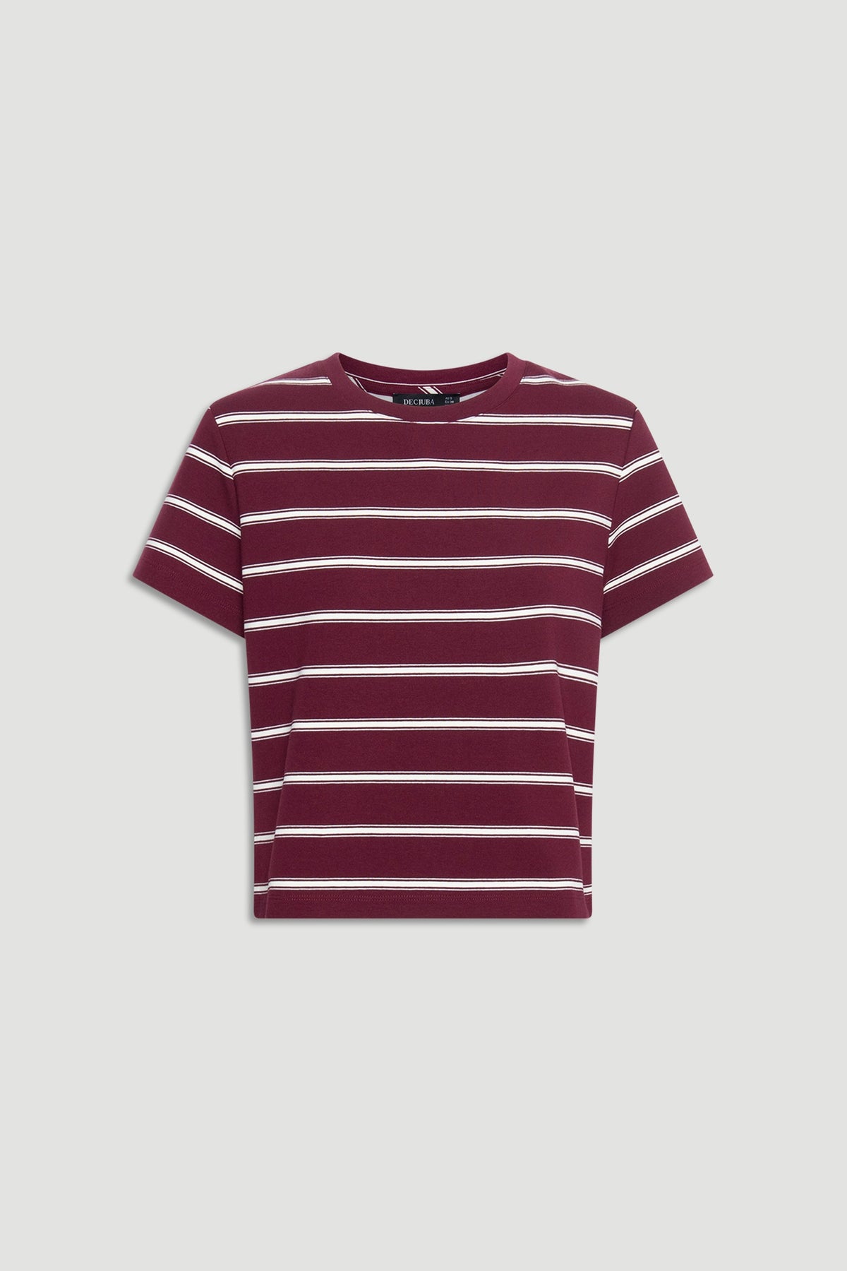 Maroon and white striped short sleeve tee with a classic crew neck and relaxed fit silhouette.
