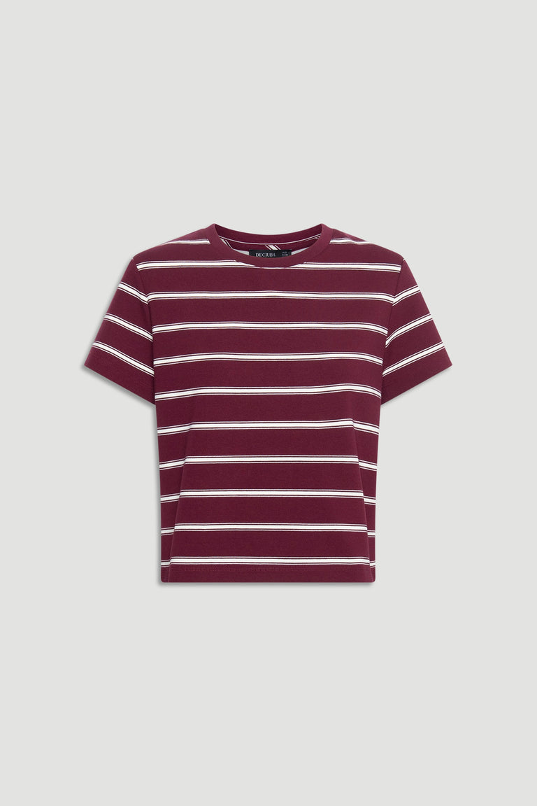 Maroon and white striped short sleeve tee with a classic crew neck and relaxed fit silhouette.