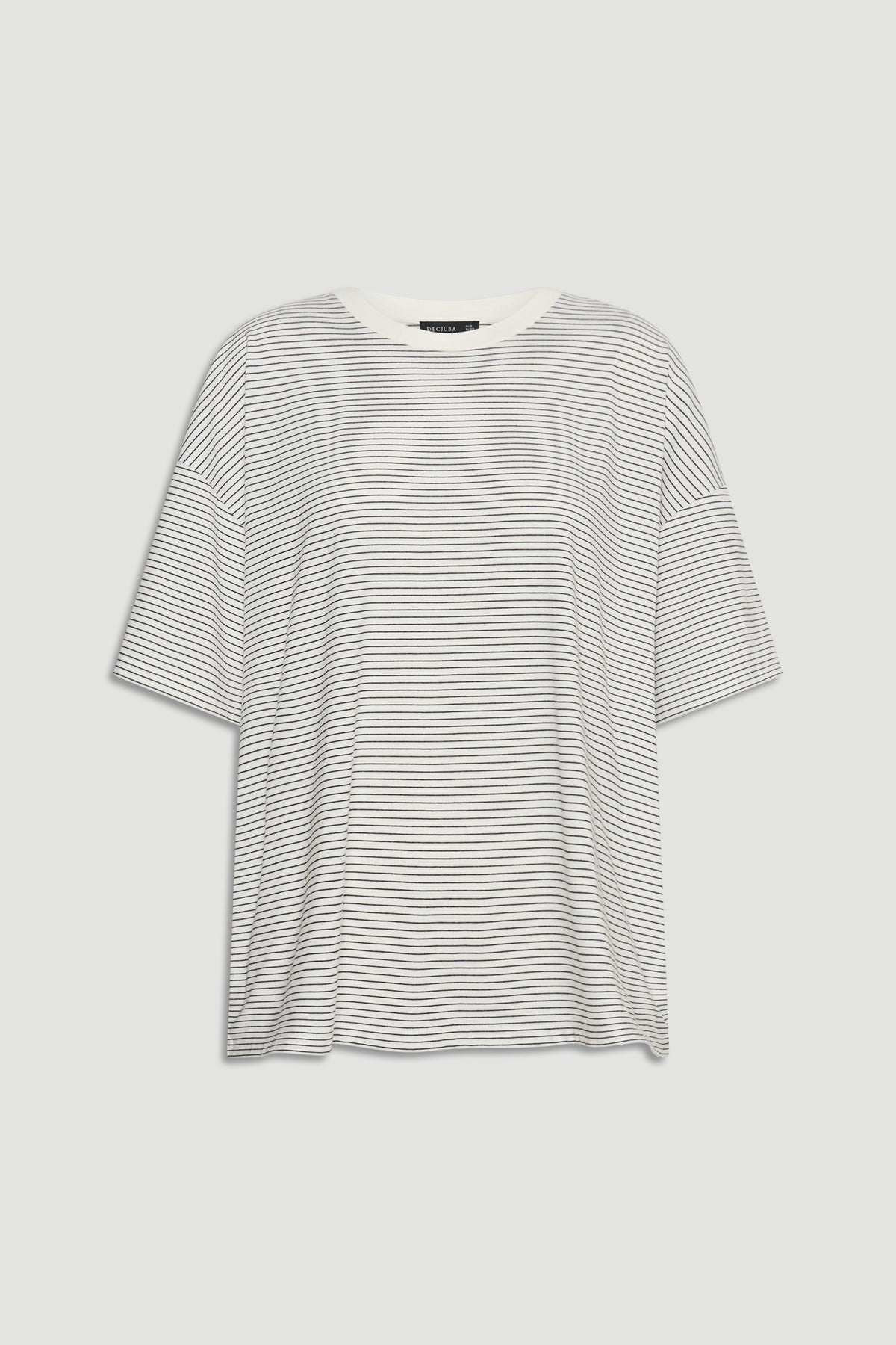 Loose-fitting white t-shirt with thin black horizontal stripes and a classic crew neckline against a plain backdrop.