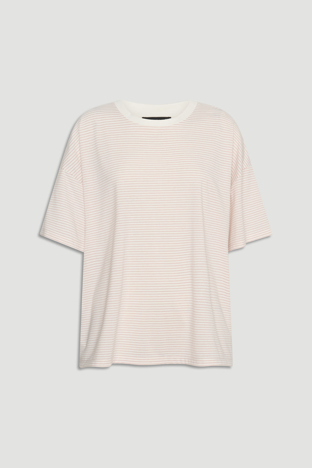 Lightweight white short-sleeve top with subtle pink horizontal stripes and a relaxed fit on a plain background.
