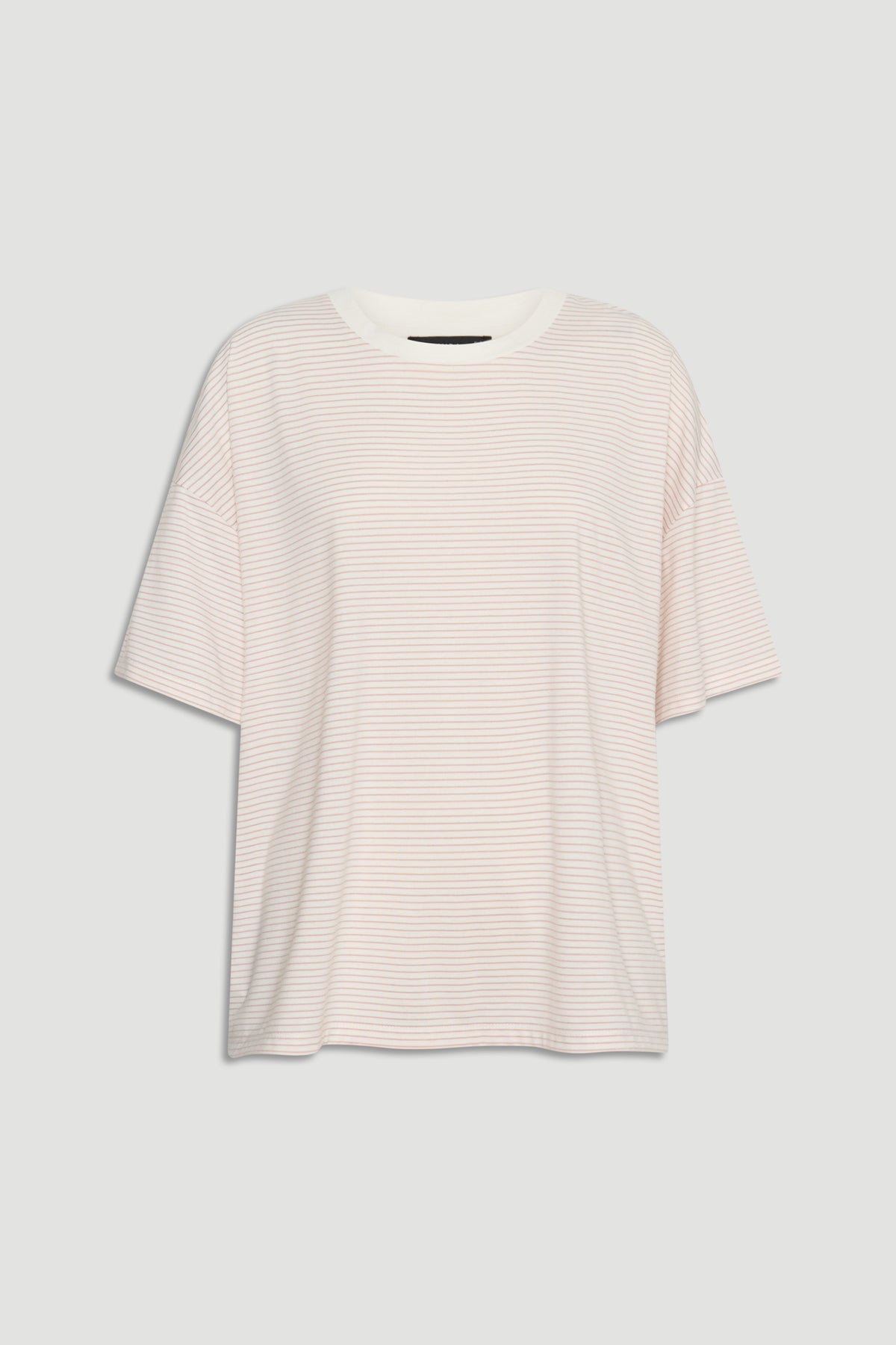 Lightweight white short-sleeve top with subtle pink horizontal stripes and a relaxed fit on a plain background.