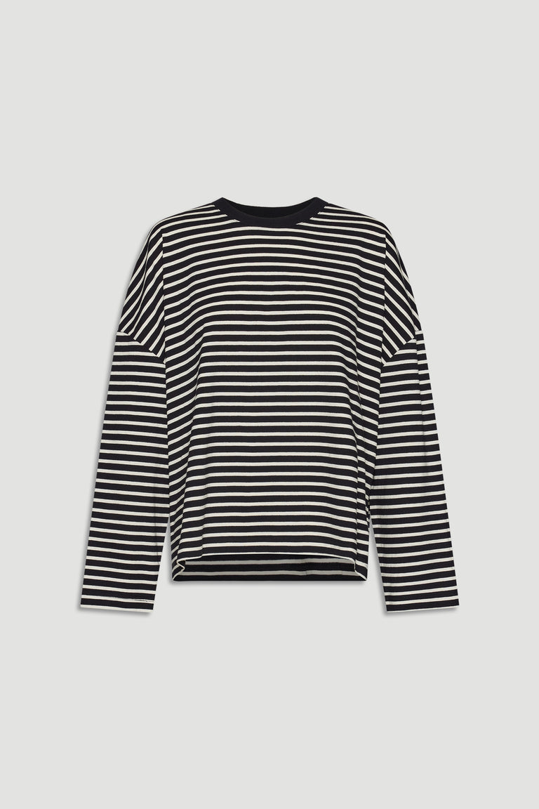 Black and ivory striped long sleeve top with a relaxed fit, perfect for versatile everyday styling