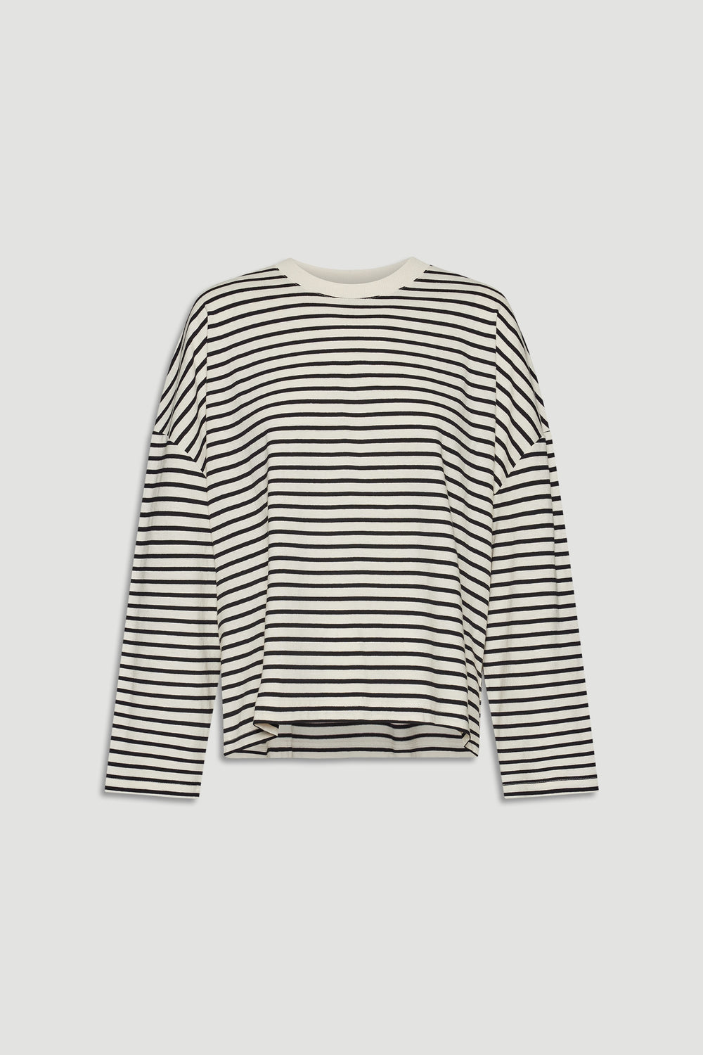 Striped long sleeve top in a relaxed fit with black and white horizontal lines for a timeless casual look