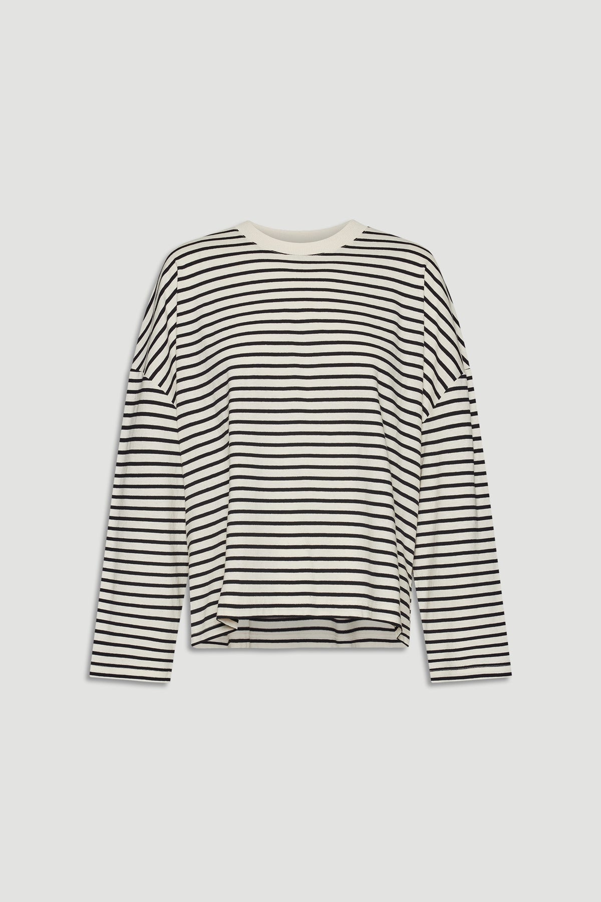 Striped long sleeve top in a relaxed fit with black and white horizontal lines for a timeless casual look