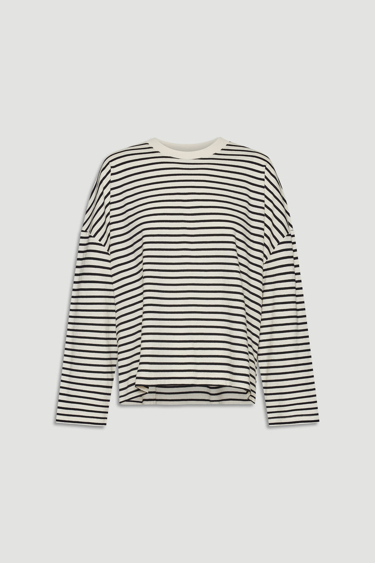 Striped long sleeve top in a relaxed fit with black and white horizontal lines for a timeless casual look