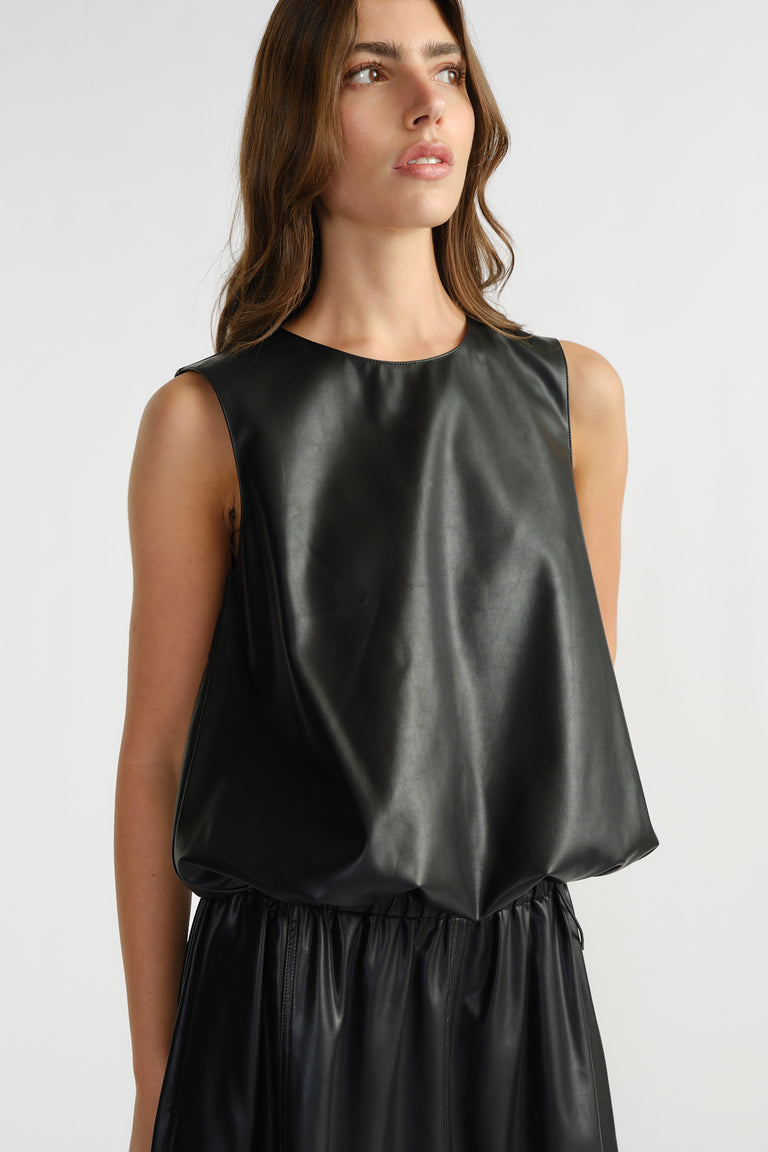 Sleeveless black faux leather top with round neckline and relaxed fit for a sleek, modern look