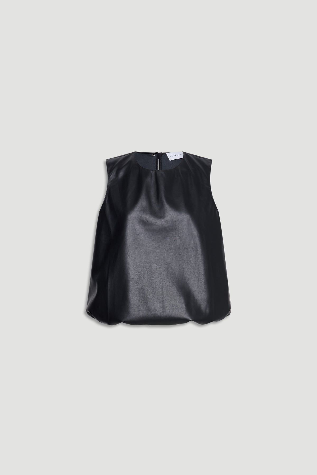 Sleeveless black faux leather top with a sleek, minimal design and a back zipper closure for easy wear.