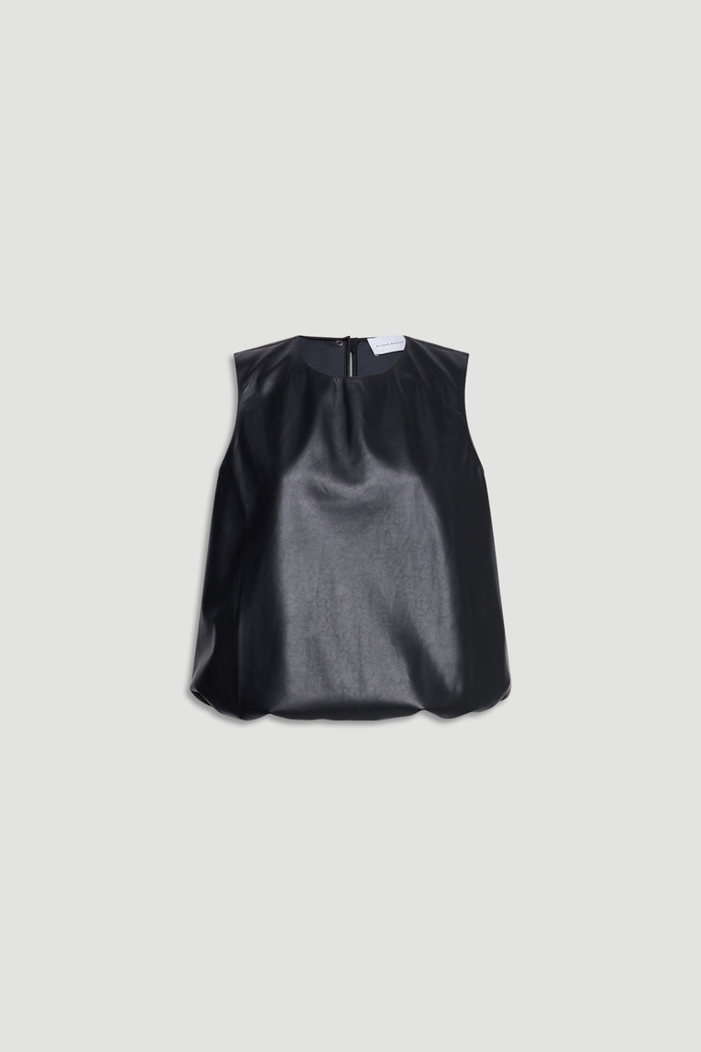 Sleeveless black faux leather top with a sleek, minimal design and a back zipper closure for easy wear.