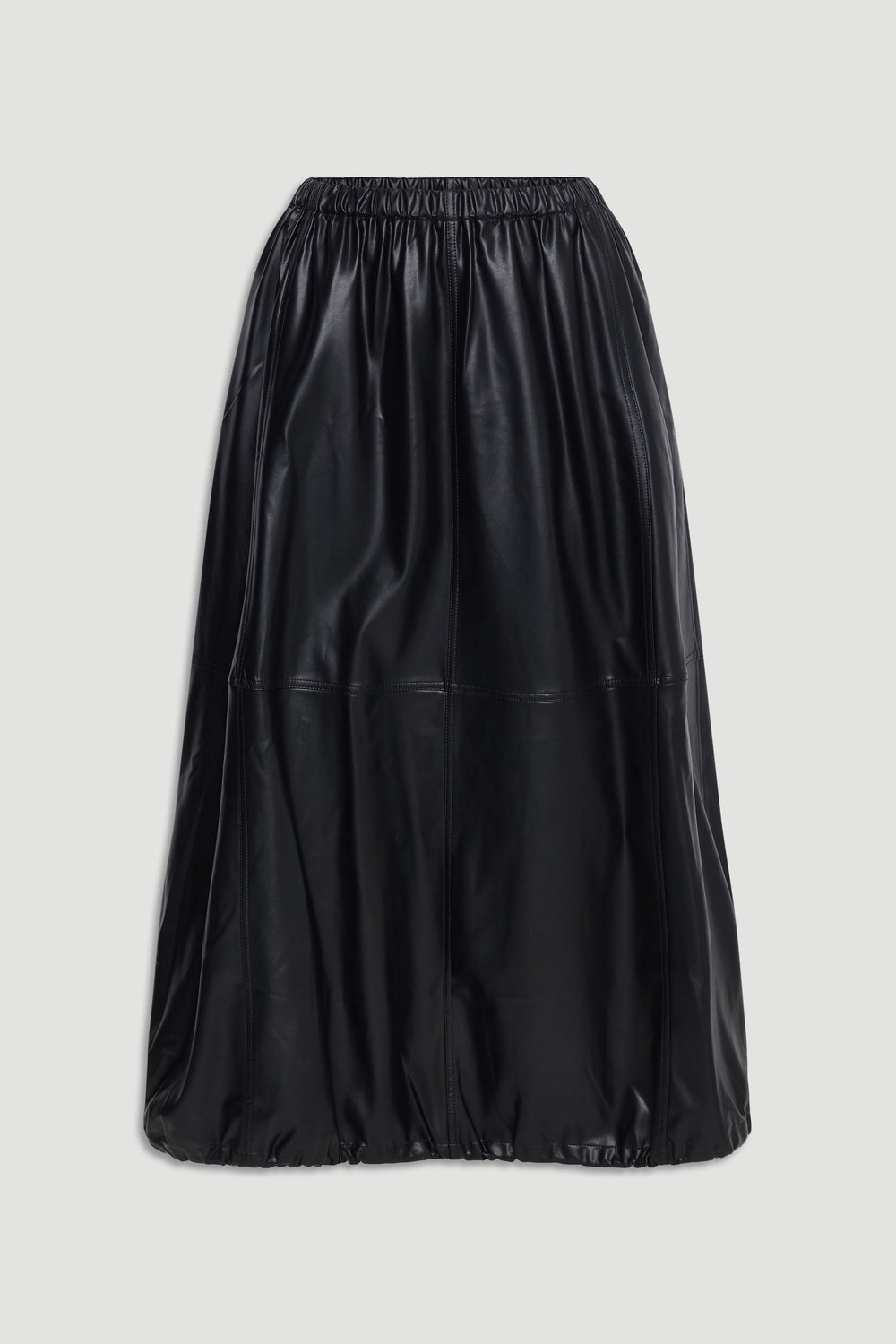 Black faux leather skirt with elastic waist and subtle stitched panel detailing for a sleek, modern look