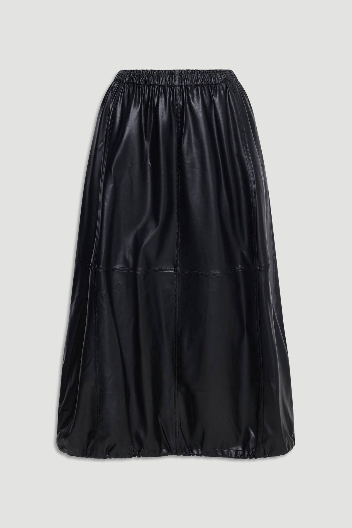 Black faux leather skirt with elastic waist and subtle stitched panel detailing for a sleek, modern look