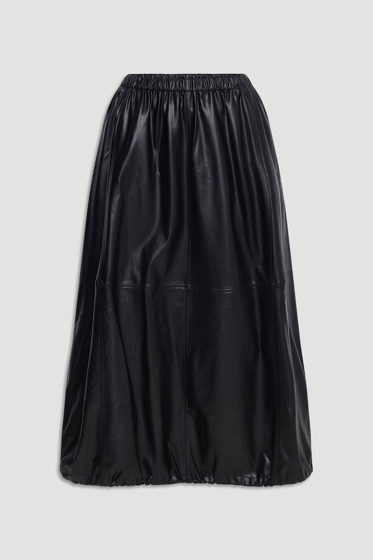 Black faux leather skirt with elastic waist and subtle stitched panel detailing for a sleek, modern look