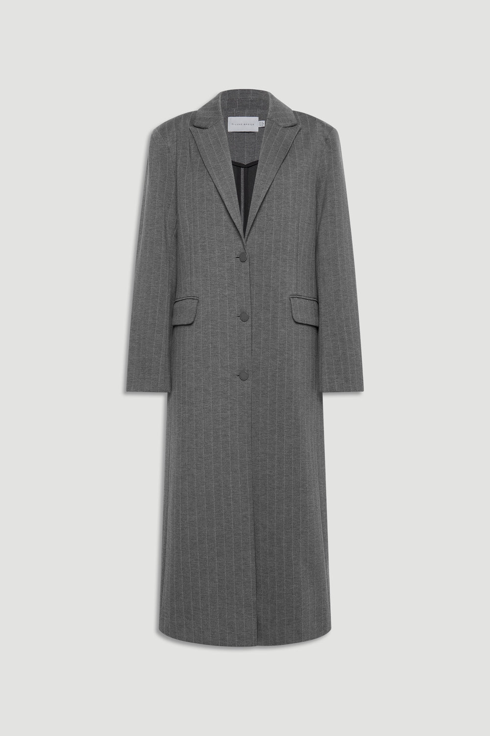 Long charcoal grey blazer coat with subtle pinstripes, notch lapel, and front flap pockets for a polished look.