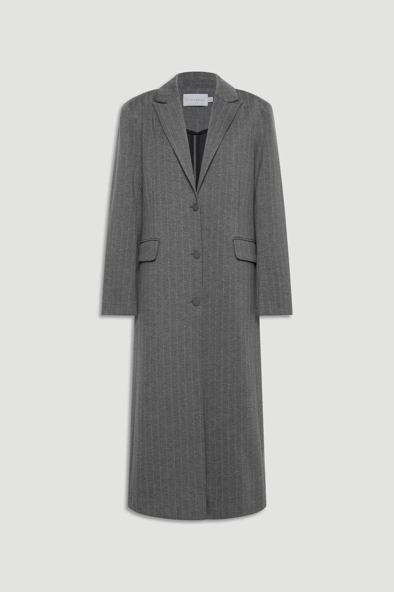 Long charcoal grey blazer coat with subtle pinstripes, notch lapel, and front flap pockets for a polished look.