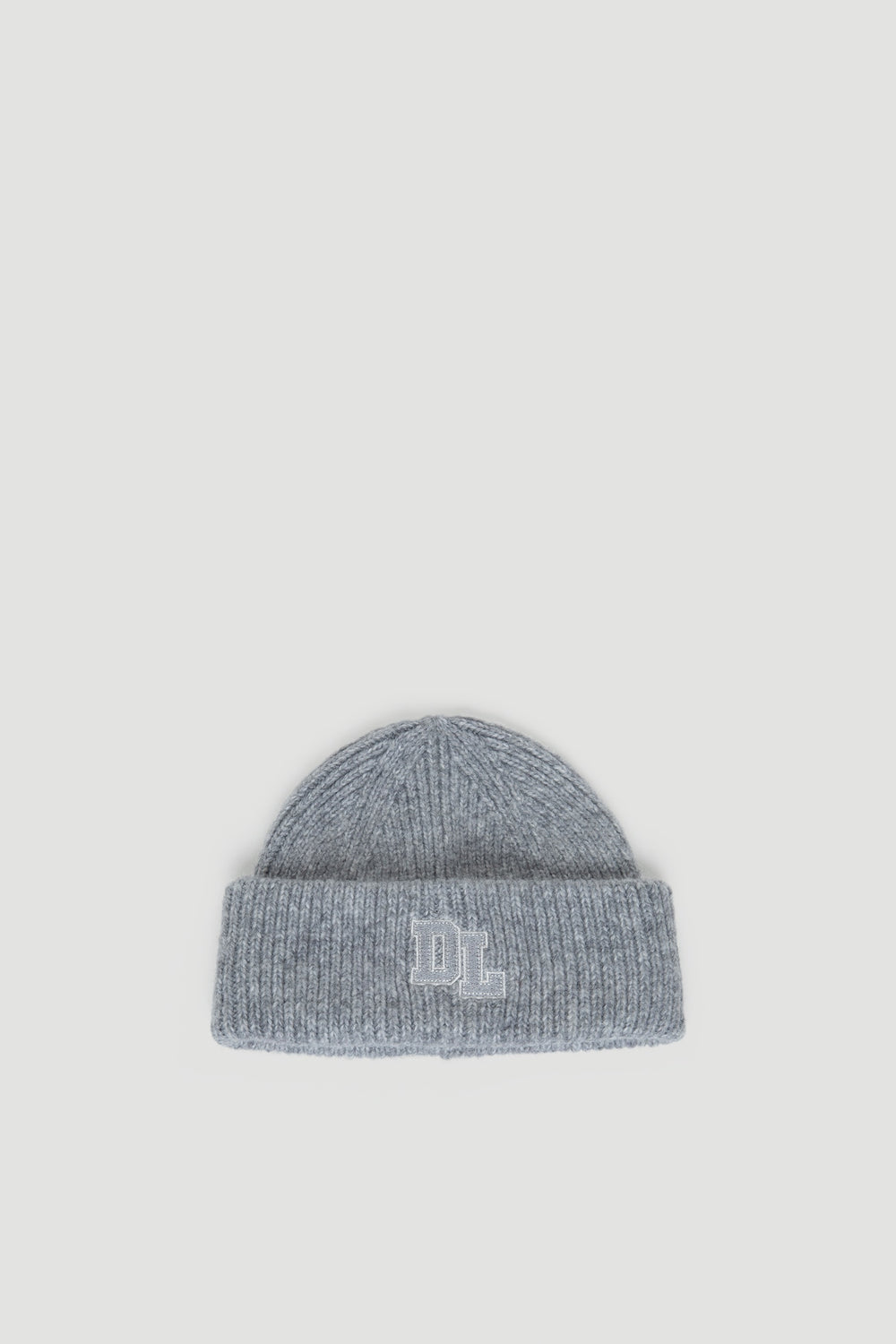 Grey rib knit D-luxe Kellie Beanie with folded cuff featuring subtle DL embroidery for a cozy, stylish finish.